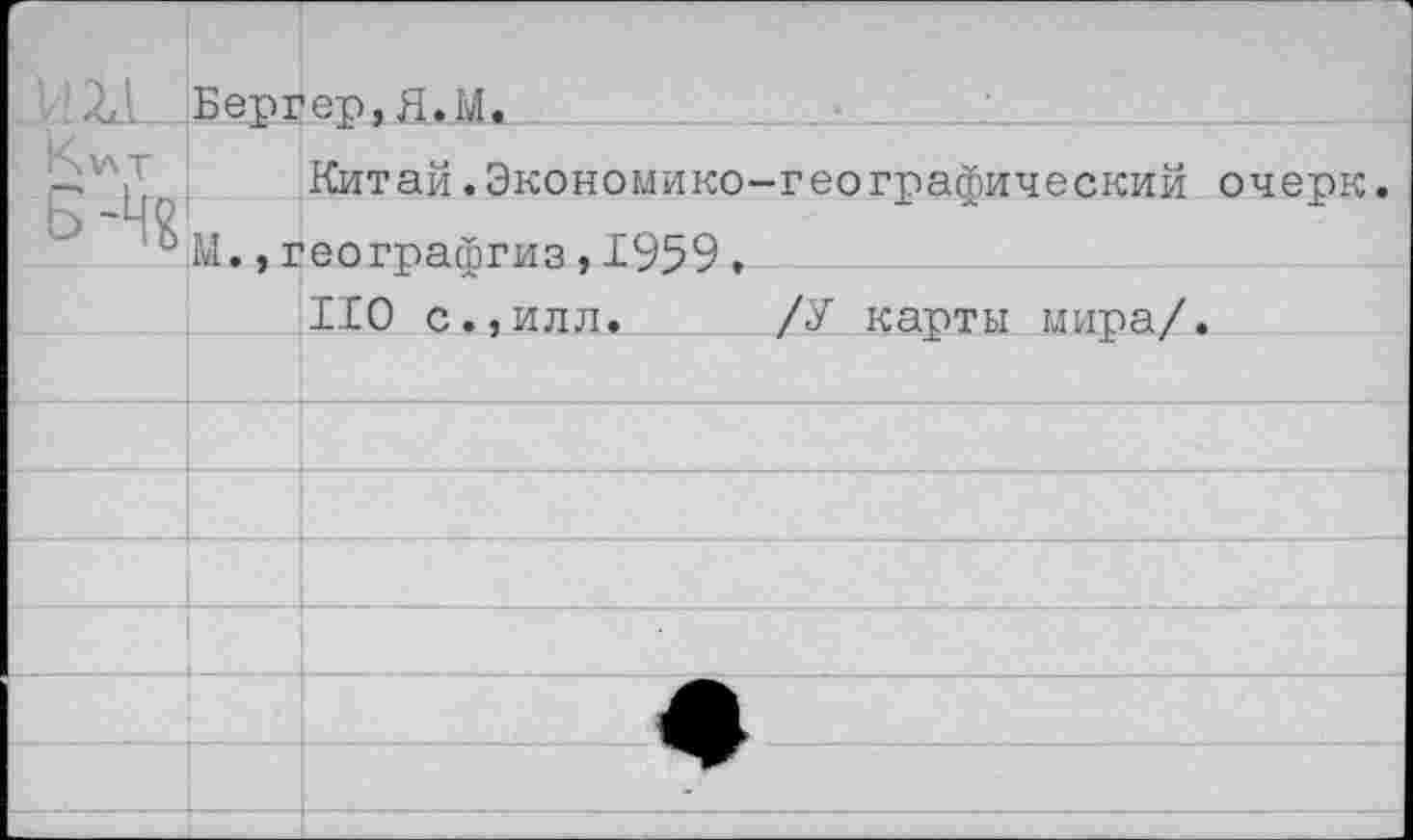 ﻿IX! Бергер, Я.М.
Кит ай. Экономико-географический очерк. ° М.,географгиз,1959.
НО с.,илл. /У карты мира/.